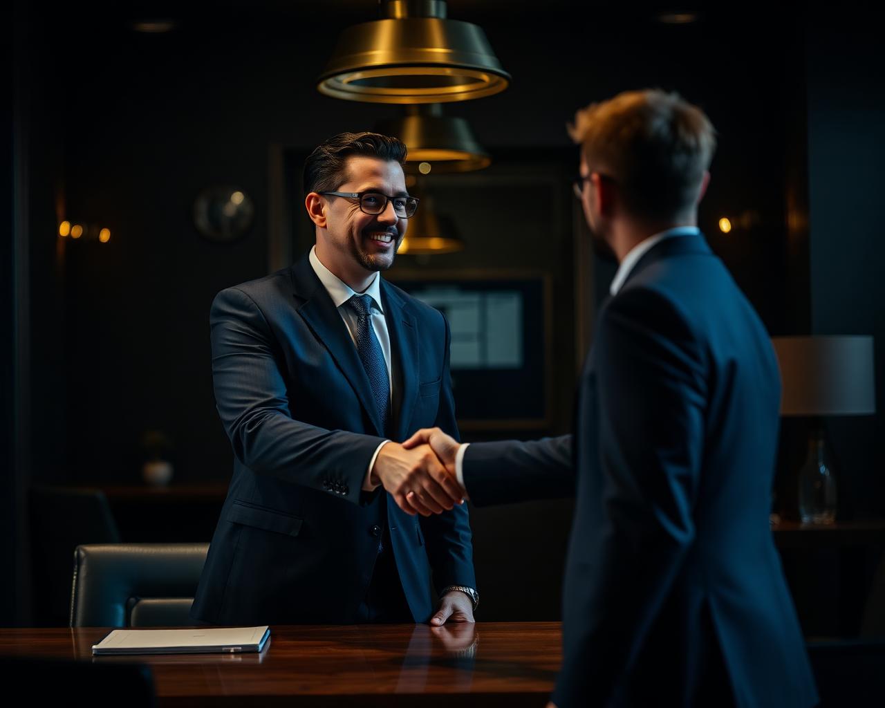 Insurance agency director welcoming a new recruit