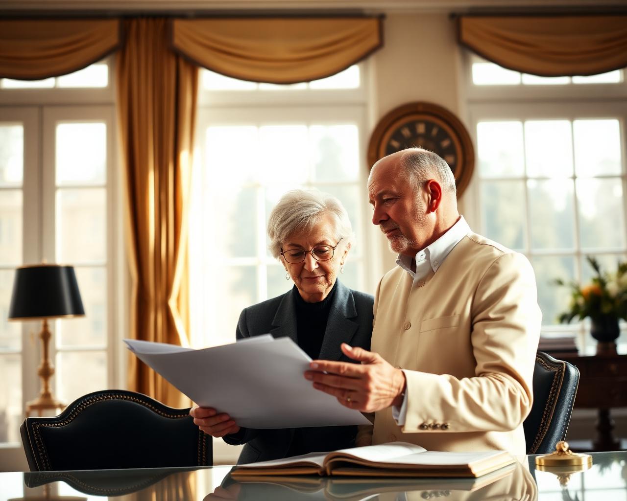 Retired couple reviewing retirement planning documents